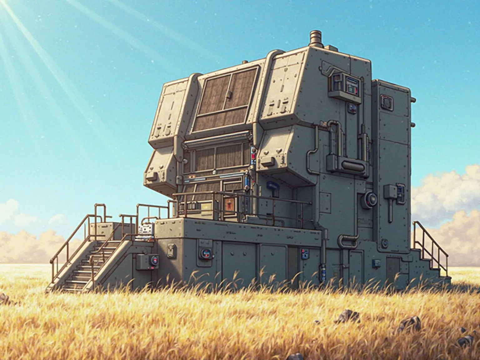 Anime style, a house built to survive the apocalypse. A refuge that looks like a bunker. clear day. stands in the clearing. 