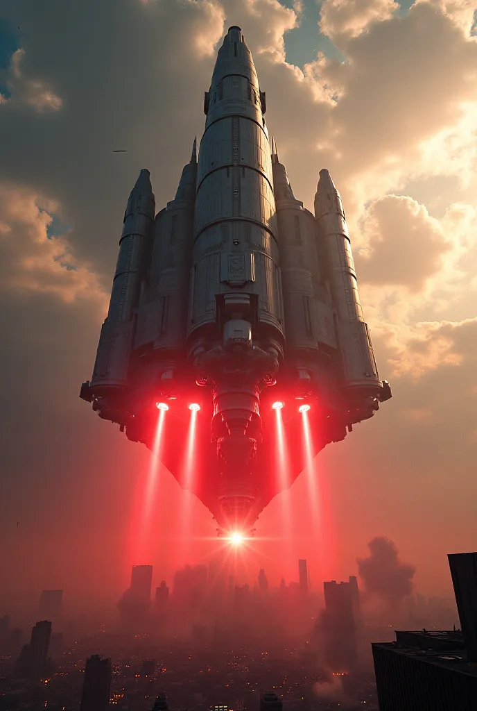 4. scene: Arrival of spaceships

Description: Massive spaceships smash clouds and crash over Metropolis.

 Details : Ships are big, metallic and menacing. Beams of red light emanating from their hulls.