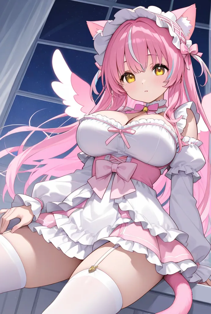 woman、pink hair、two-tone hair、yellow eyes、It has white and pink two-tone wings、Cat ears、pink tail、Lolita、Big Breasts