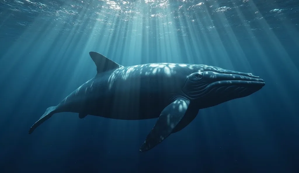 A highly realistic whale gracefully swimming through the deep blue ocean. Its massive body glides just beneath the surface, with sunlight filtering through the water, creating a mesmerizing dappled effect on its smooth skin. Gentle waves ripple above, and ...