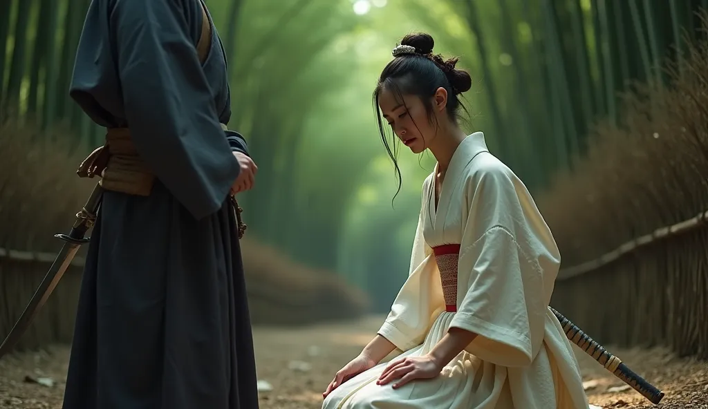 A traditional Japanese wife, dressed in an elegant but slightly white disheveled silk kimono, kneels in the ground of a bamboo grove, tears streaming down her face as she begs her samurai husband. Her delicate hands clutch the hem of his hakama, her expres...