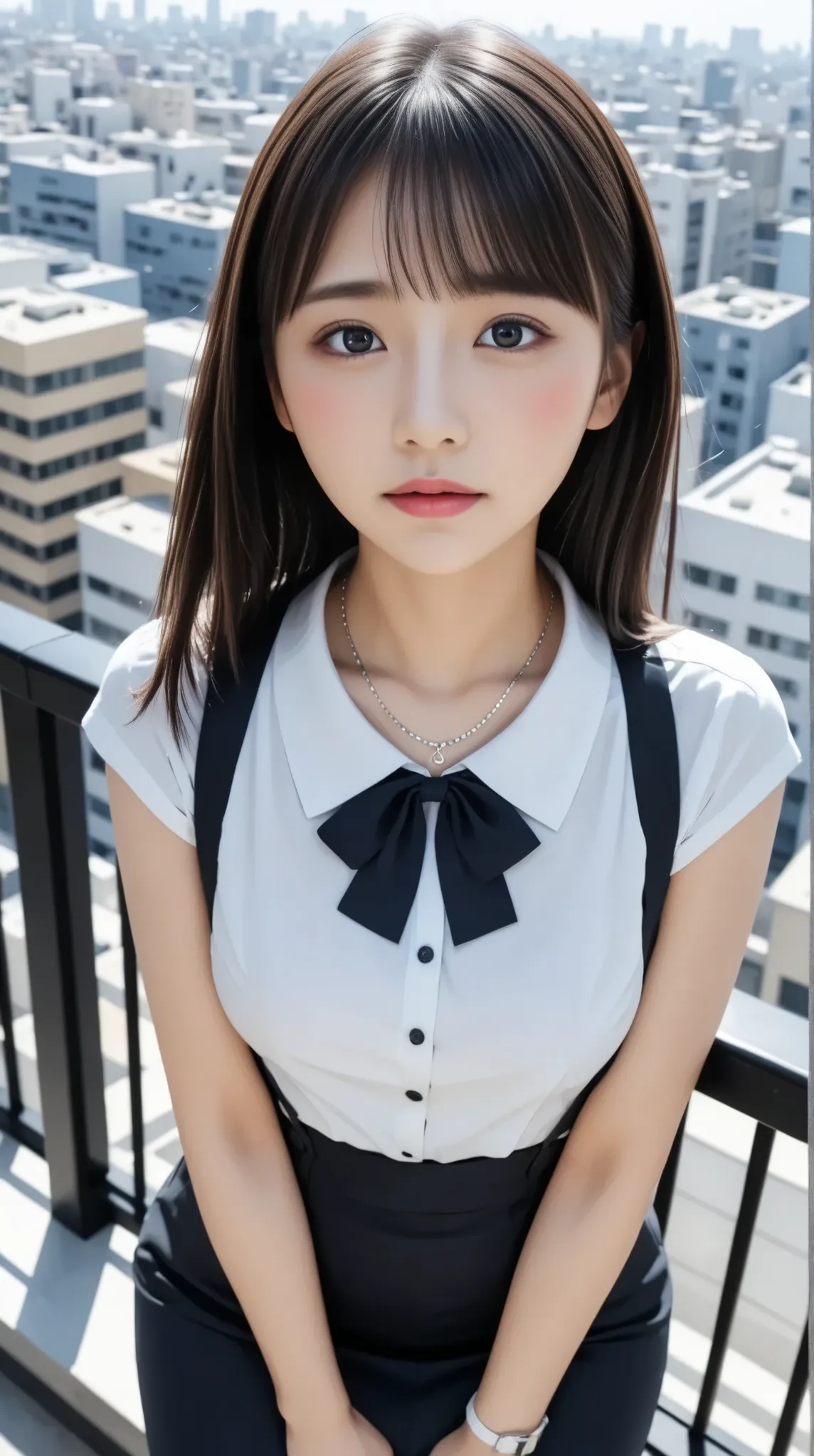 Japanese　 Adult Female　rooftop　（（（ leaning against a railing ）））　（（（ looking up ）））　〈〈An oblique upward line 〉〉　〈〈〈hair fluttering in the wind〉〉〉　Dynamic hair　blush　thin body　〈〈〈office lady〉〉〉　（（（The chest is open：1.5）））　（（（I'm wearing a black miniskirt：1....