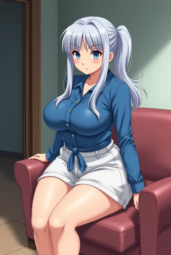 Mature adult lady, cold, serious and voluptuous with long silver hair tied at the bottom, and blue eyes (Clothes:  dressed in a blue shirt , short white skirt and black shoes) She's sitting in a house waiting excitedly/Hot by a man. In the style of the ani...