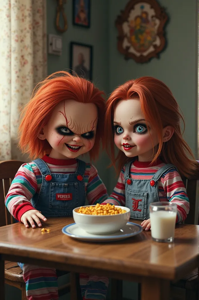 La poupée chucky  et sa femme entrain de dejeune a table avec des corn flackes et du lait 