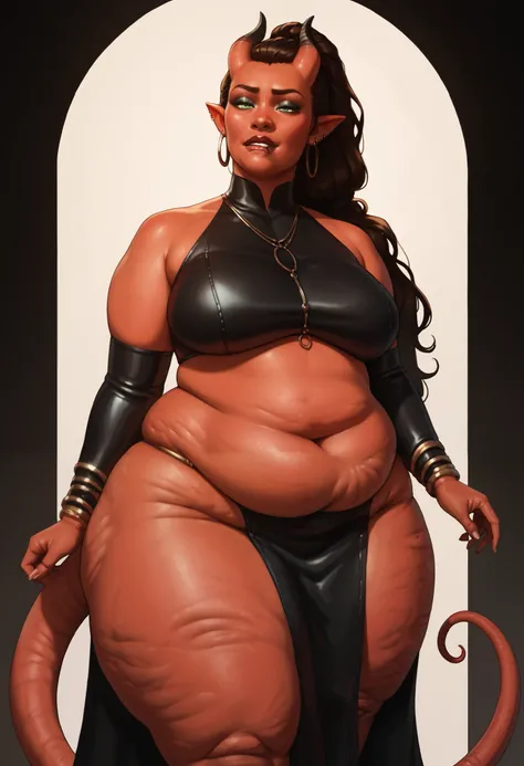 Red skin succubus tiefling,  huge black horns, huge tail, black leather, crop top, long flowing skirts, pelvic curtain, robes, tall, graceful, chubby, long black ponytail. Action scene, dynamic pose, biting lower lip. overweight, curvy, fat, thick, obese, ...