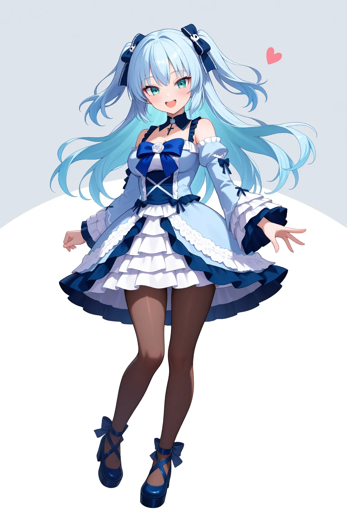 medium breasts、1girl,light blue hair two side up hair、tsurime,light blue gothic lolita,happy,smile,full body