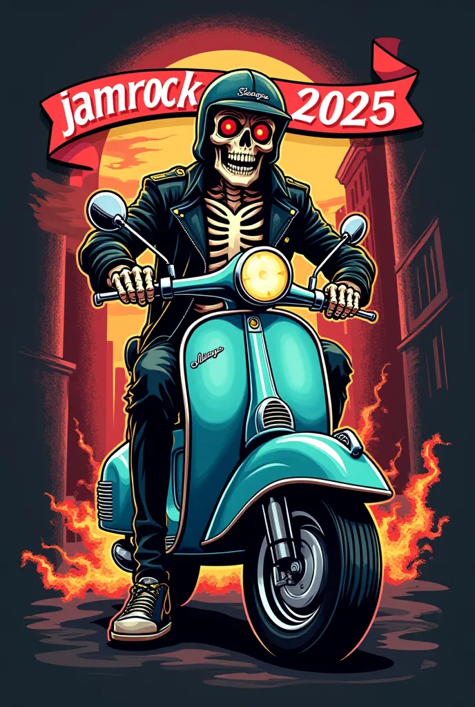 Create a 2D style t-shirt design logo of a skeleton biker wearing a helmet wearing a rock jacket riding a classic vespa ,drinking beer, with ribbon written "JAMROCK2025"