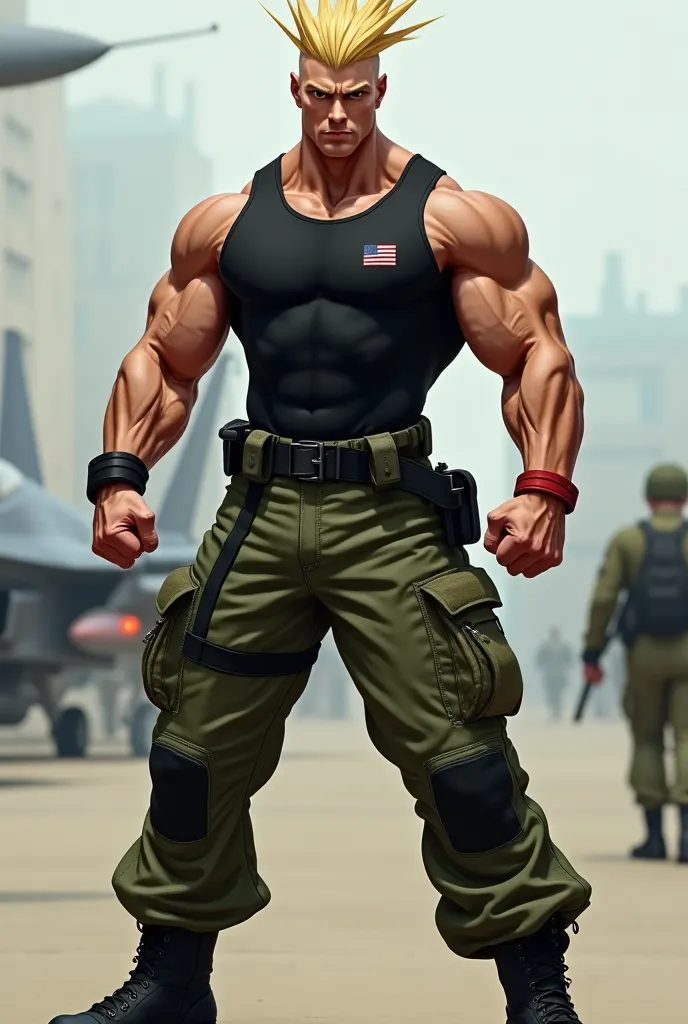 A muscular elite soldier, inspired by a street fighter with an extremely defined physique and a fighting stance ready for action. He wears a tight black tank top that highlights his muscles and green camouflage pants with tactical pockets, held up by a bla...