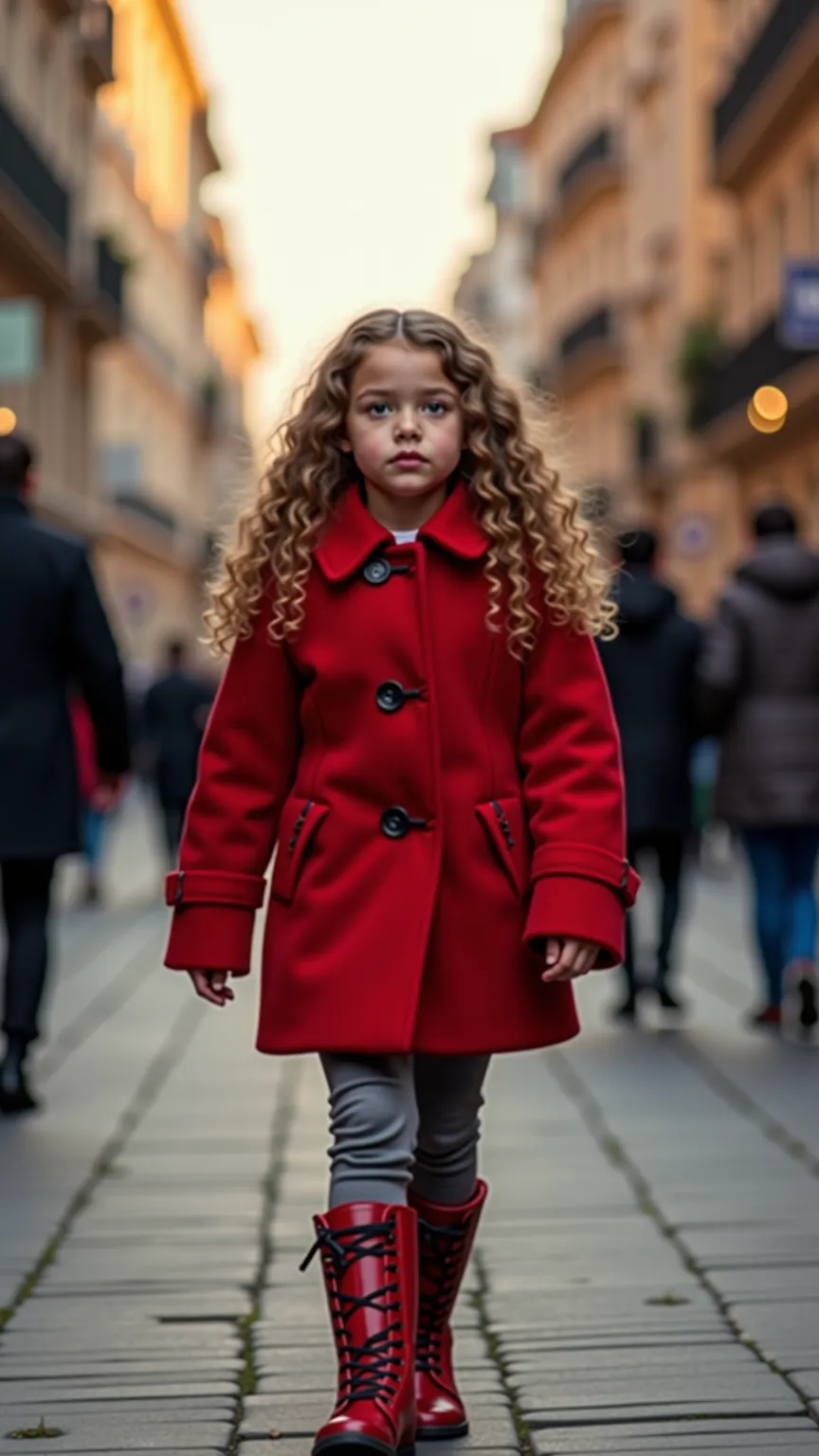 A little prince girl, walking on street, wearing red jacket, long hair curly, beautiful, fashion style walk, high quality, detailed, masterpiece, 8K, realistic, HDR, studio lighting, physically-based rendering, vivid colors, rule of thirds, urban environme...