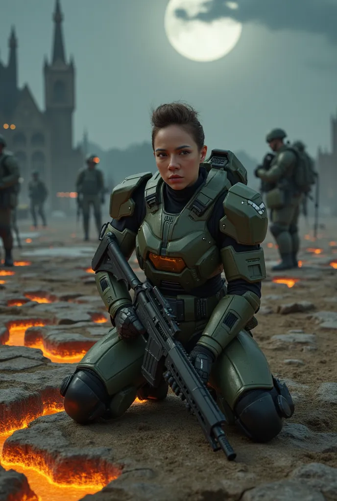 A futuristic sci-fi battlefield at night with a massive moon in the sky, a war-torn landscape with glowing molten cracks in the ground, fallen soldiers' helmets mounted on rifles in the background. A battle-worn female warrior in advanced green Mjolnir pow...