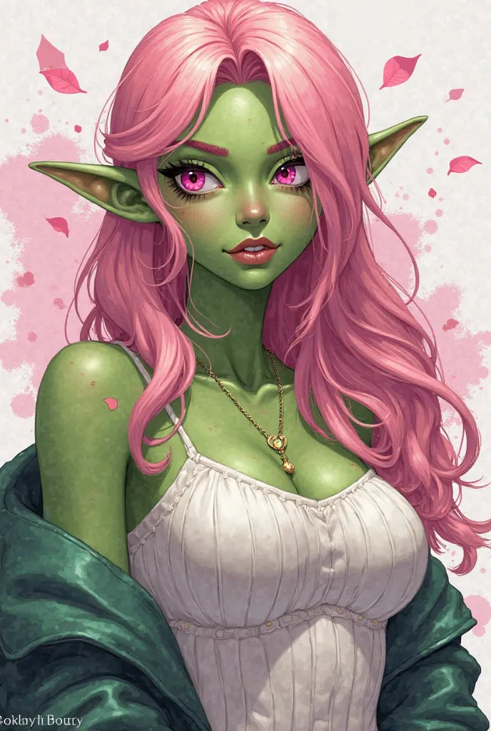 Sexy orc girl,  Green leather,  light pink hair ,  pink eyes , pink and white ,  Sakura leaves , bright colors, white dress,  paint splashes , Simple background, ray tracing , wavy hair, slightly shows pink nipples through her white sweater. 