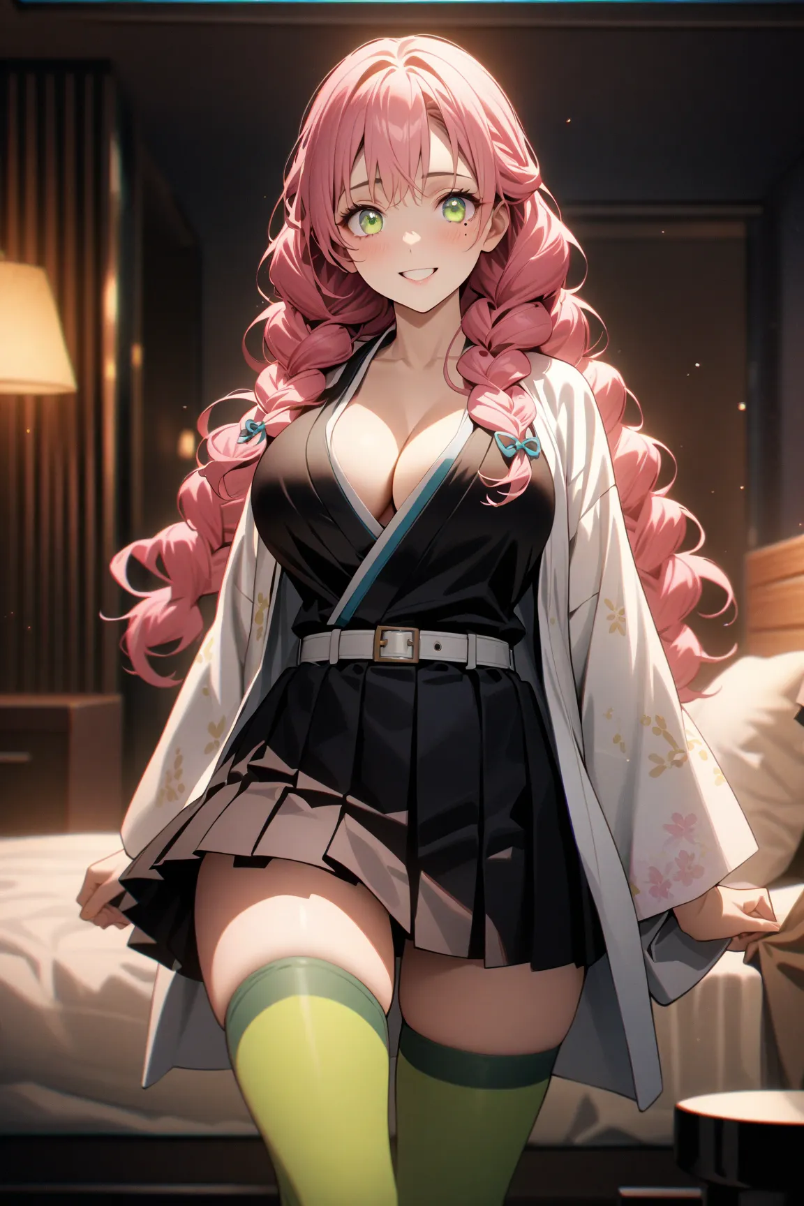 m1tsur1kanr0j1,,A girl with pink hair, braid, long  hair, green eyes, mole under eye, large breasts, She’s alone in a hotel bedroom at night in a cowboy shot ,with a cheerful smile,She’s  japanese clothing, white haori, black shirt, white belt, pleated ski...