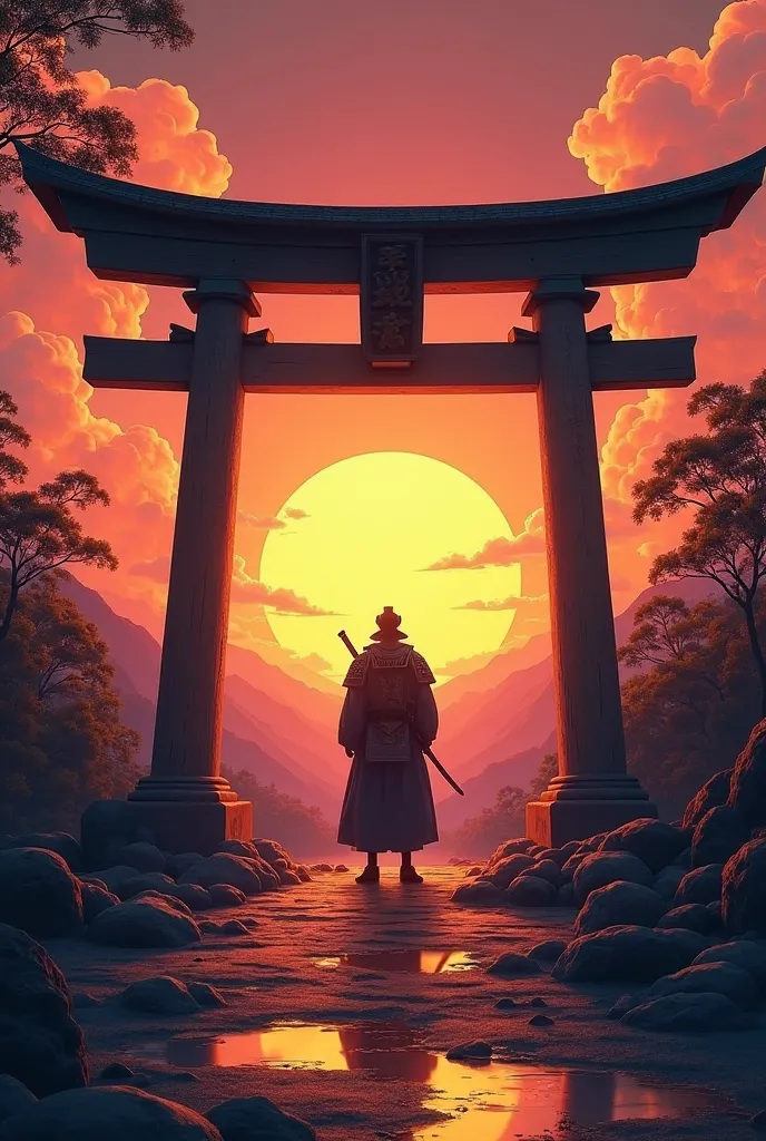 a torii gate at sunset with a samurai in the middle away from the camera