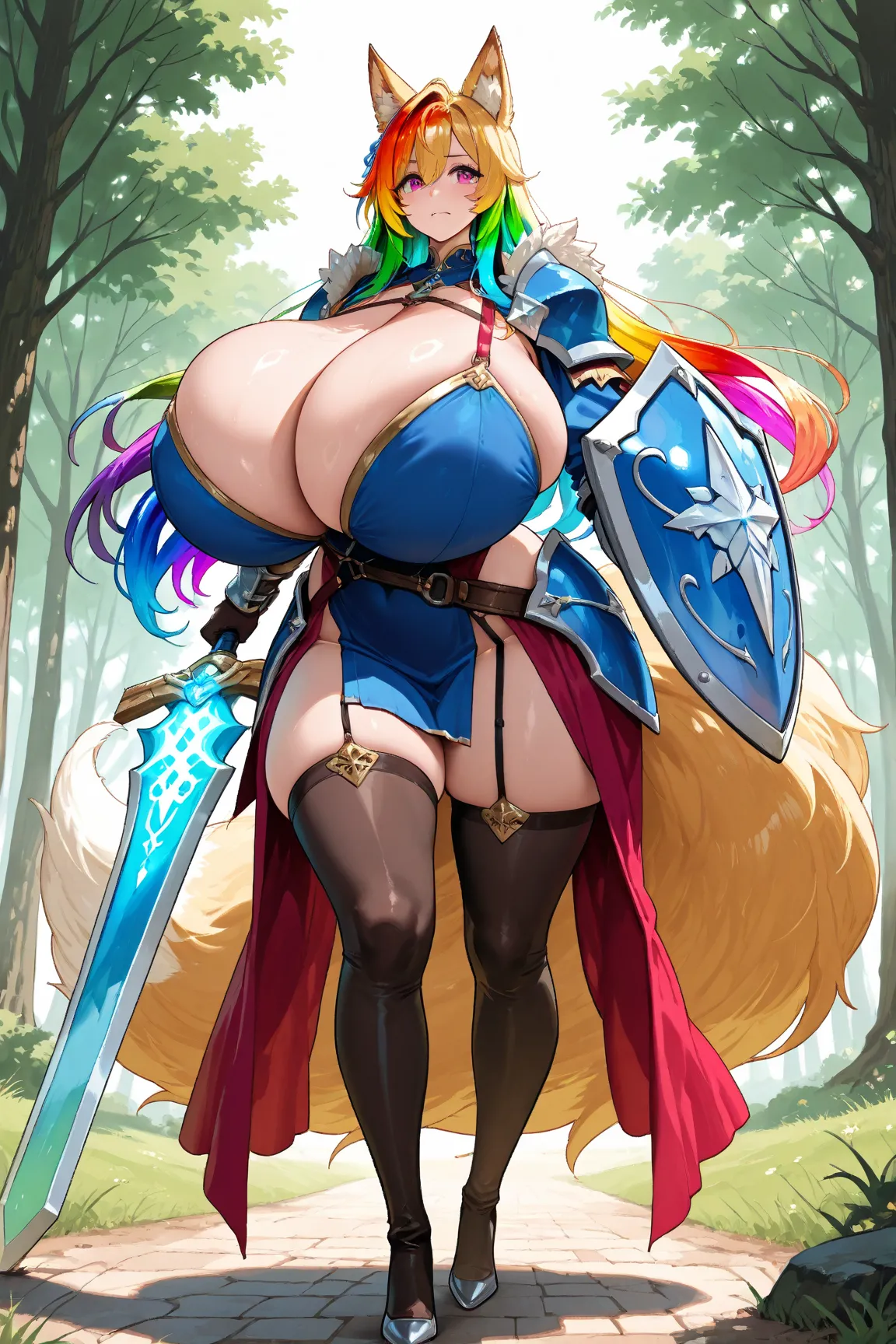 rainbow hair fair shield maiden kitsune with tails   for her knight hoodgigantic breasts, giant size, gigantic breasts, gigantic butt, huge jugs, beautiful teardrop-shaped breasts massive sword and horse 