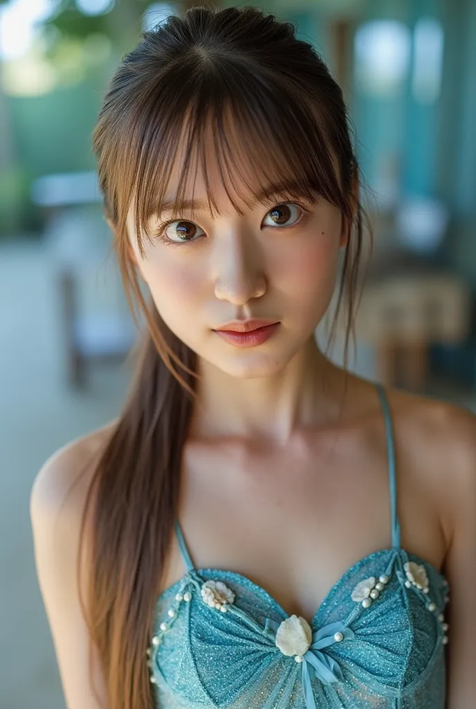 A beautiful European mermaid。light brown hair with bangs {x} wears a ponytail、is tied with a white pearl ring。wears a blue seashell bra、has a blue mermaid tail。has light brown eyes。