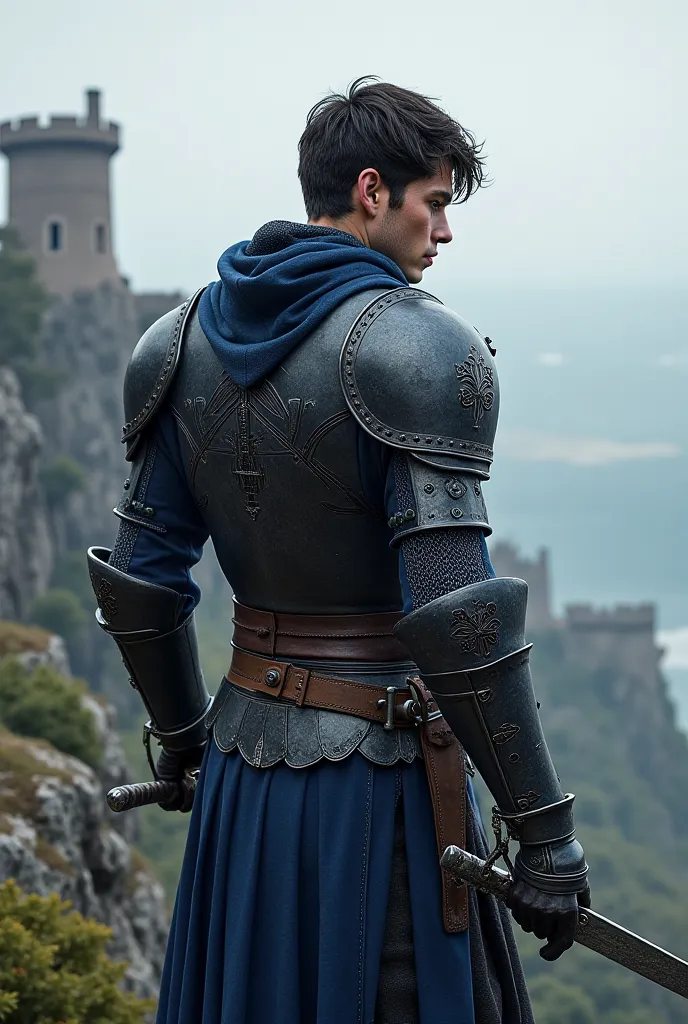 Skinny medieval warrior, Blue and black armor,  short wavy hair , Fair skin, silver sword in hand 