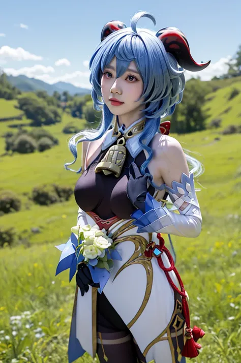 a cute girl,solo,cosplay,ganyu \(genshin impact\),ganyudef,ganyu_genshin,blue_hair, long_hair, bangs, horns, purple_eyes, ahoge, breasts, blush, goat_horns, sidelocks, bell,large_breasts, neck_bell,standing unkind pose,outdoor,city,afternoon time,full body...