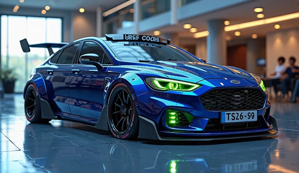 3Dclosse     side   view    render of a heavily modified (2026 ford escort )in (midnight blue  )colour, (   front  right  view) The car features , ultra-high-detail glossy its large car  and shiny modifications, including sleek add-ons. T9(ford  ) logo is ...