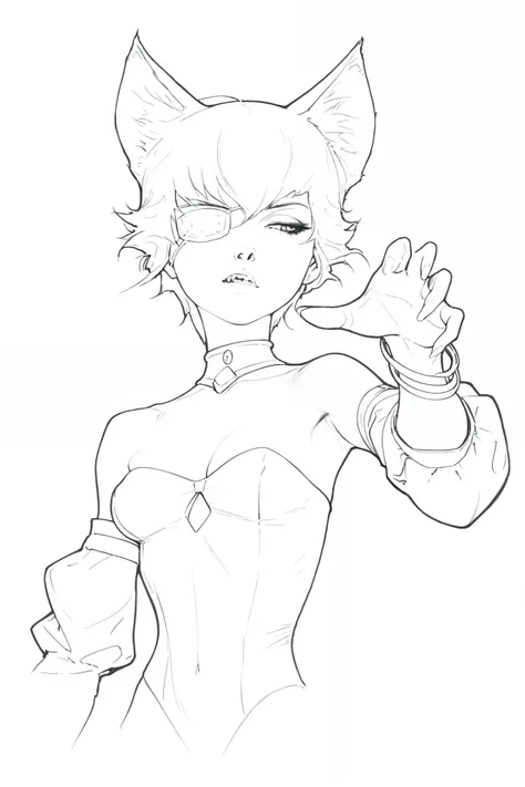 HDR, 8K, high contrast, masterpiece, best quality, amazing quality, very aesthetic, anime artstyle, realistic, newest, 
BREAK
monochrome, greyscale, Line art, lineart, Timbrook
BREAK
1girl , cat girl , cat ears , eyepatch , medium breasts , bracelets , sha...