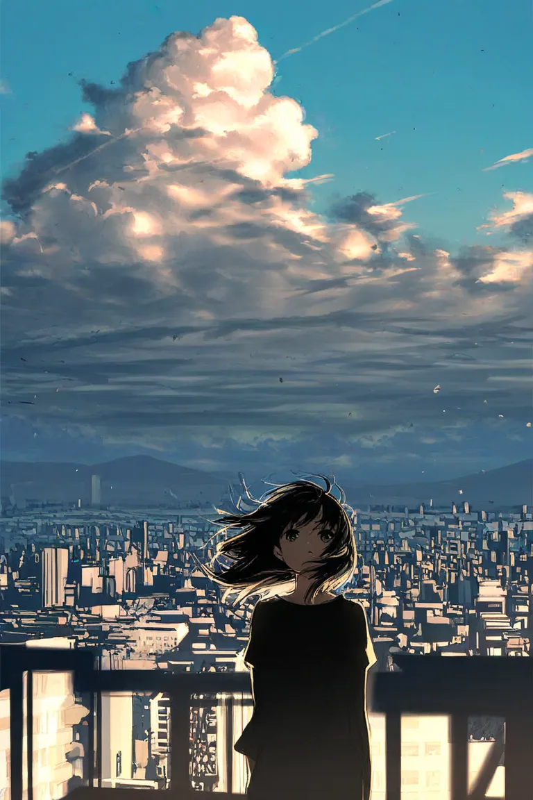 a girl walking through the city with a heavy wind blowing on her hair, with the camera angle is low down and DYNAMIC, and also there's a cloud on the background, MAKE IT DYNAMIC, MAKE THE BACKGROUND MORE DYNAMIC 