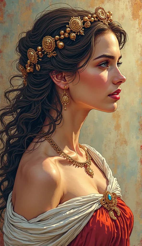 Create a comic book-style image of the young princess Psyche,  from Greek mythology. She must be portrayed in profile,  with traces elegant and dynamic , without the aesthetic of carved in stone. Psyche appears as a beautiful and splendid princess, with a ...