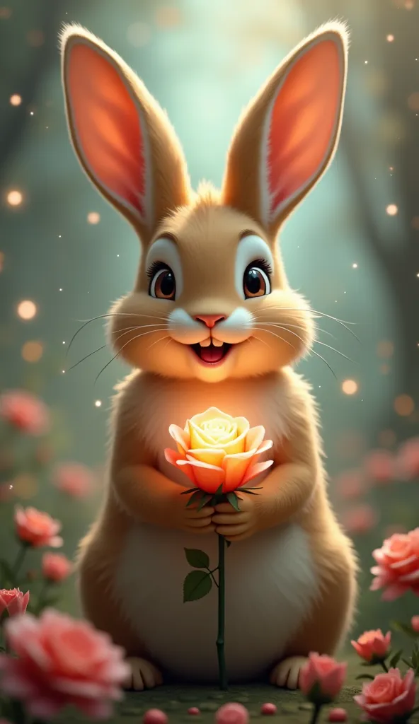 The feathered rabbit、is smiling、I have a glowing rose、looks at the camera、 glitter