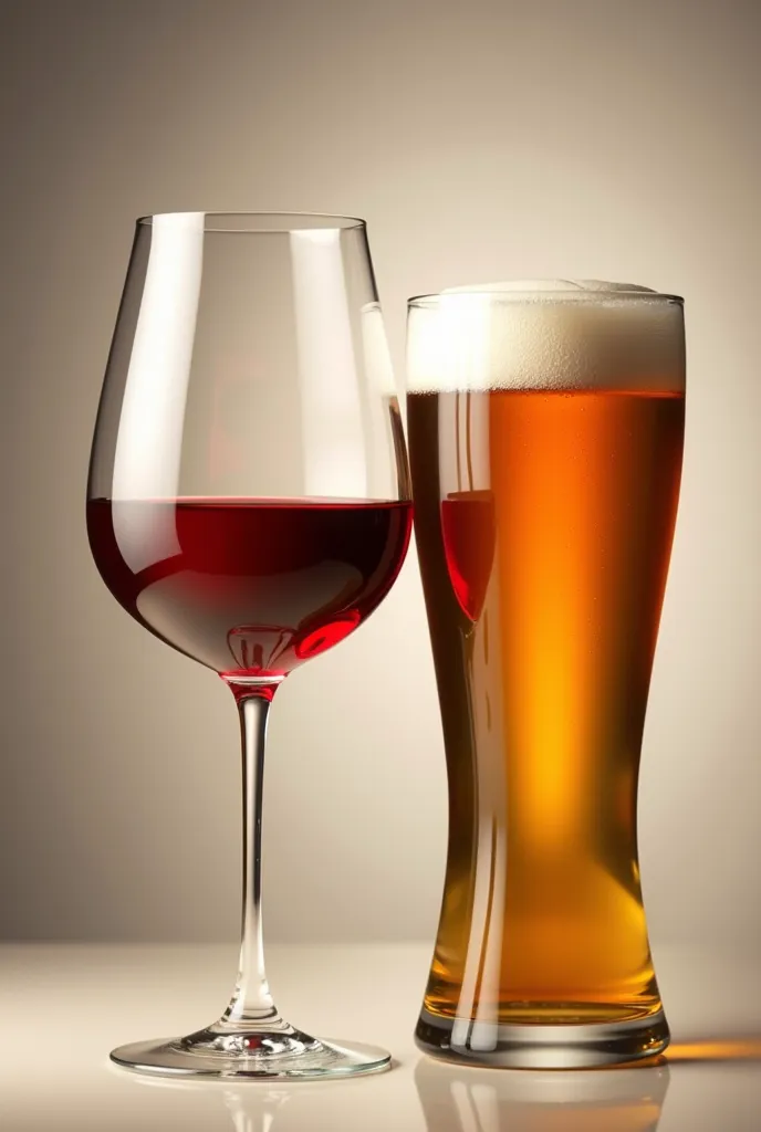 A glass of red wine and a glass of beer