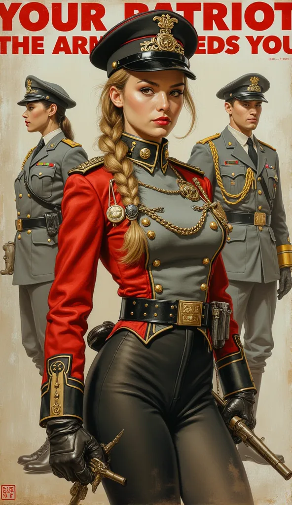 Detailed proportions and textures and multi-color with airbrushed brush strokes that presents a semi-realistic illustration in Chinese A beautiful and strong young woman in a steampunk and epic fantasy style military uniform where black-gray tones predomin...