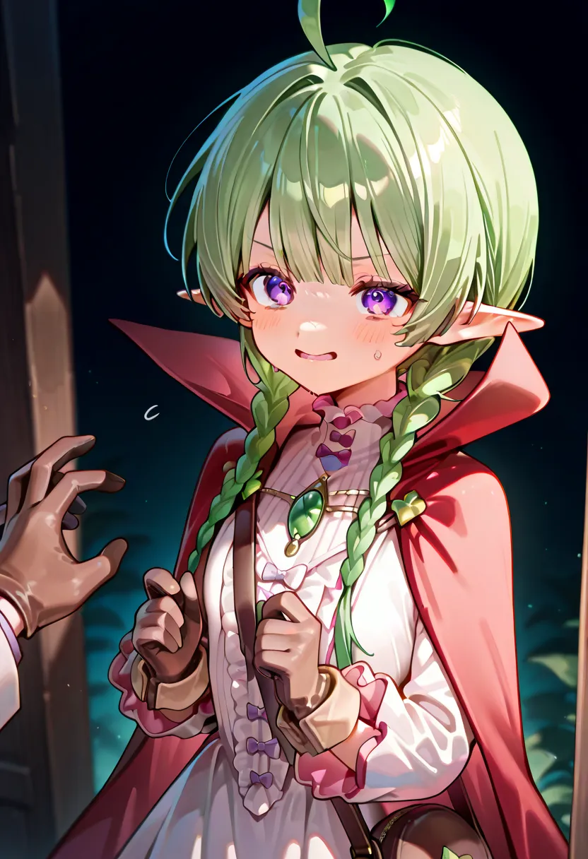 Now（/fe）, pointy ears, twin braids, green hair, purple eyes,white long sleeve dress, red cape, green brooch, brown gloves, shoulder bag,Being pulled over by someone else's bare hands。upper body。Young girl。is embarrassing。?。Puzzled