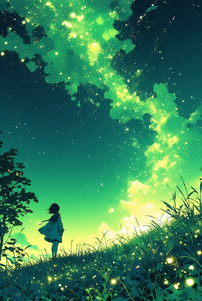   white background、 simple 、Fireflies Are Dancing Rampant、Flashing Pale Light、 Firefly Green Dance  、Dancing Light Particles、Shine in the sunshine  、colorful light grains、Firefly Light Design、ジャン・Moebius・ジローにインスパイアされた水墨画 、  Stars Pouring  、Moebiusの絵画からインスパ...