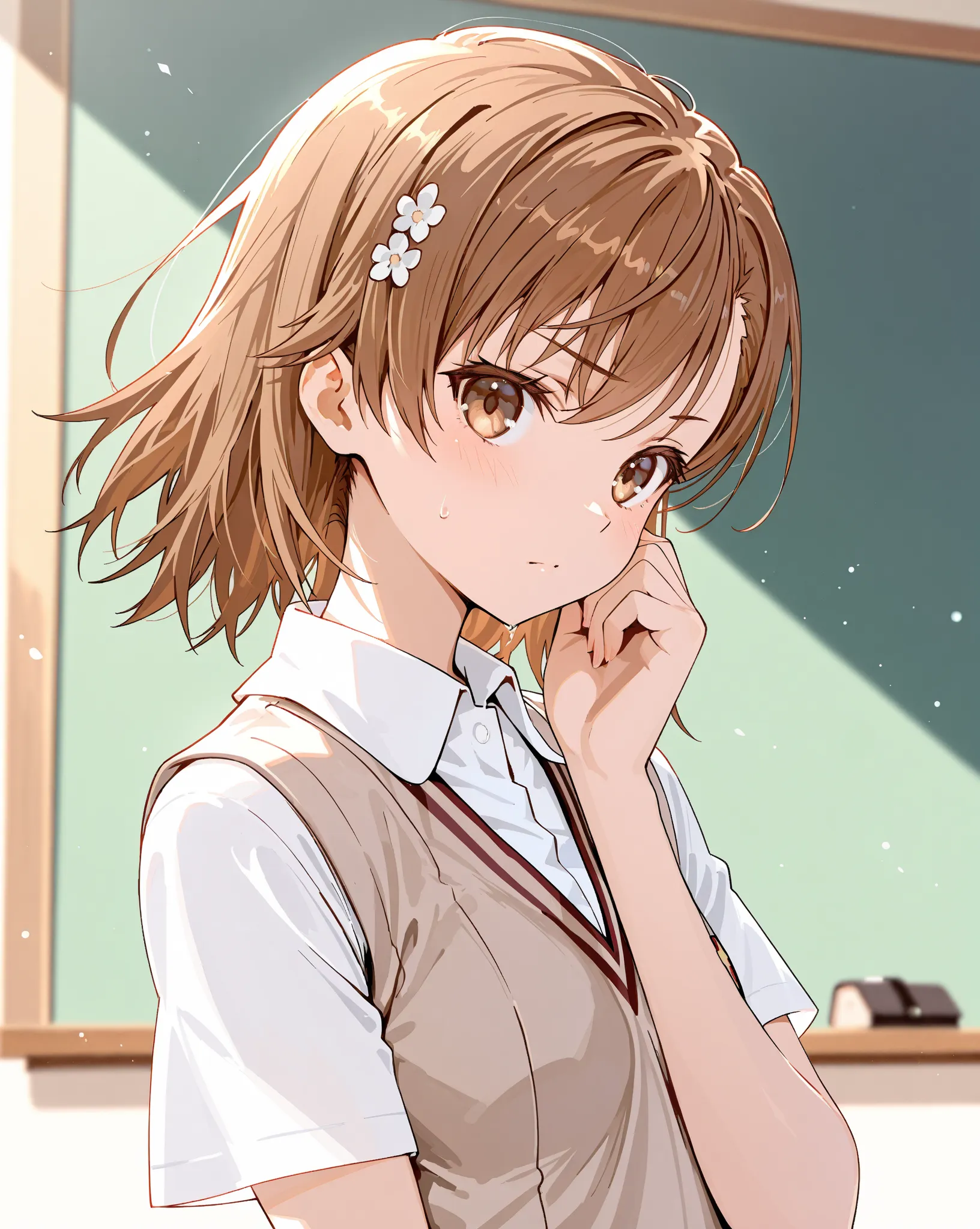  Tokiwadai Middle School Uniform, (Misaka Mikoto), masterpiece, highest quality, UHD, retina, masterpiece, accurate anatomy, super detailed, high quality, best quality, 8k