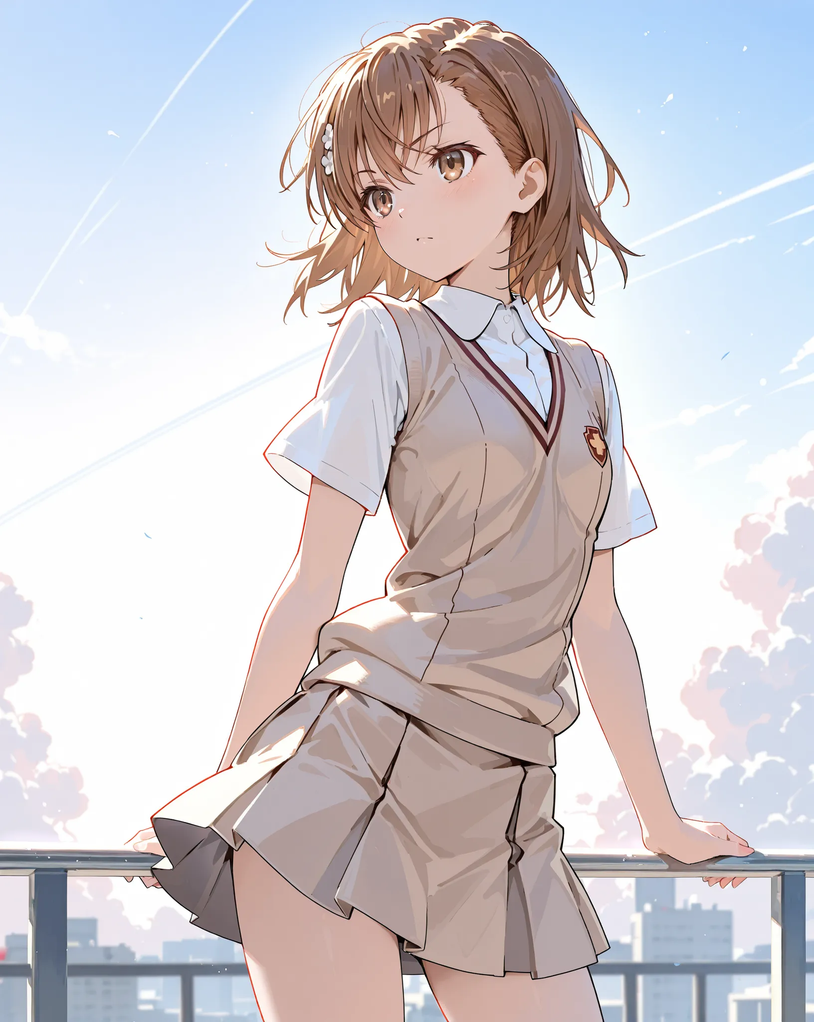  Tokiwadai Middle School Uniform, (Misaka Mikoto), masterpiece, highest quality, UHD, retina, masterpiece, accurate anatomy, super detailed, high quality, best quality, 8k