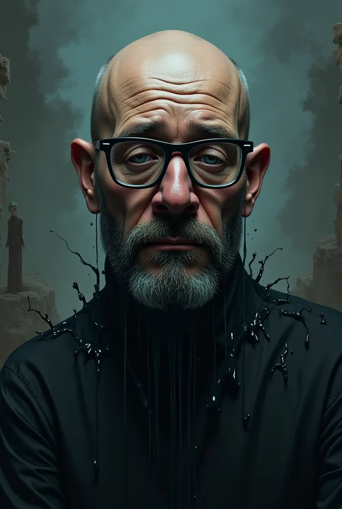 Scene:
a surreal, gloomy portrait style shows a middle-aged man with an elongated, striking face. He is bald and wears large glasses with an inconspicuous frame. His Henriquatre beard - a well-trimmed beard, that only grows around his mouth - gives him a c...