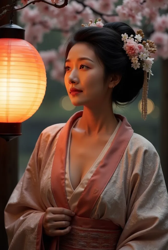 80ys old korean Mature woman，A provocative and alluring geisha posing sensually against a subtle cherry blossom backdrop. Her elaborate kimono is delicately torn at the bodice, showcasing her generous cleavage as she gazes longingly into the distance. The ...