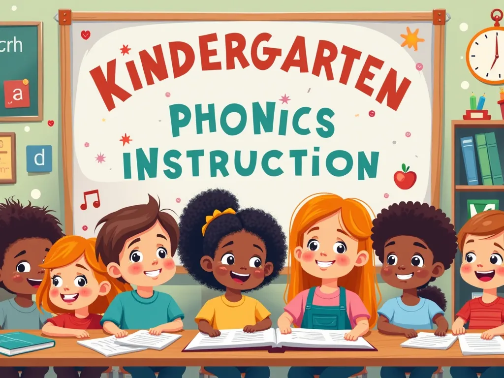 Make a title slide poster with a title "Effective Phonics Instruction for Kindergarten" with the subtitle "Helping young learners build st4ong reading foundations"