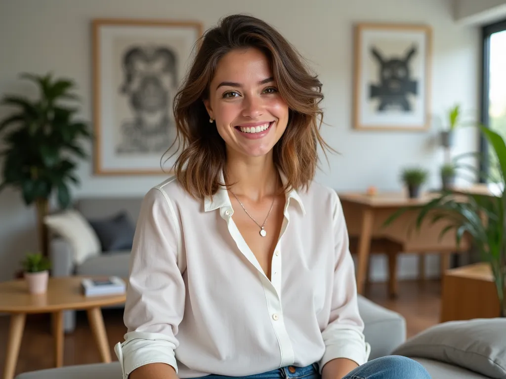 create a realistic image of a modern European girl in her apartment smiling