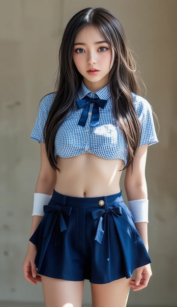 masterpiece、top quality、top quality、High Resolution、real、RAW Photos、8k、solo、(girls)、 Clear Dark Blue Eyes 、 sharp eyes、long lashes、Thin Nose、beautiful face、 female 1 person、( black hair、Long Straight Hair:1.2)、(navy blue miniskirt、Knee-length white socks :...