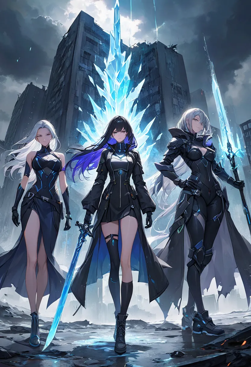 A dramatic cover image depicting four characters standing together in an intense scene. The first character is a mysterious woman in a dark, enchanted magical suit, her eyes glowing faintly as she manipulates ice magic around her. The second character is a...