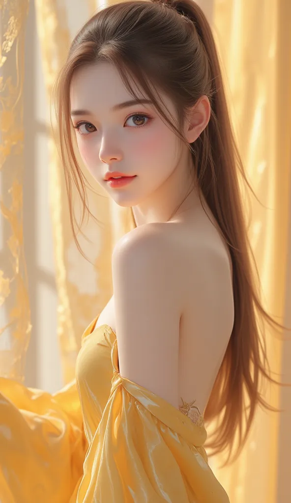 (  Super Cute Young Face  :1.1),(  Sparkling Clear Glamorous Eyes  :1.1), (Japanese idol's face :1.1),Super real,Surreal,  Very Beautiful Cute Girl  ,(Baby Face:1.2),(18 years old:1.2),, fine, smooth and soft long brownish yellow straight hair, fair skin,(...