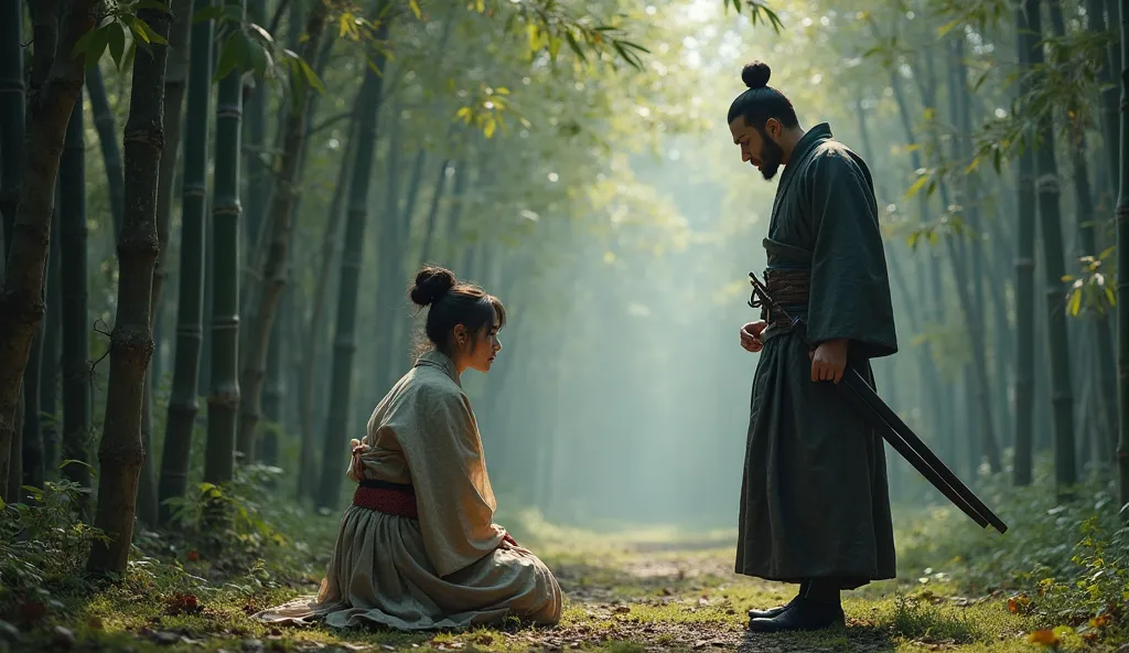 A stern Japanese samurai, wearing warrior attire, stands in a serene yet misty bamboo grove, gazing at his wife with an expression of deep disgust. His sharp eyes narrow, his lips curl slightly in disdain, and his hand rests tensely on the hilt of his kata...