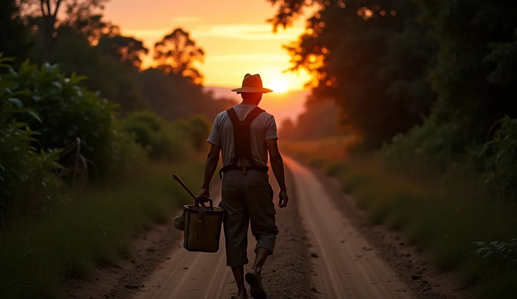 "A man in the foreground, dressed in simple worker clothes, carrying a tool bag and walking alone on a dirt road in the interior of Maranhão.  The sun is setting on the horizon , Dyeing the sky with warm shades of orange and purple, as the surrounding fore...