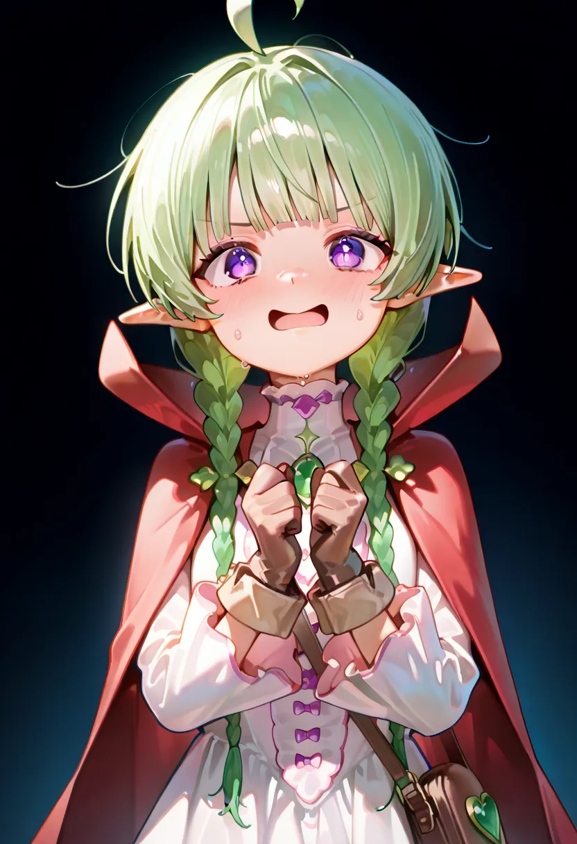 Now, pointy ears, twin braids, green hair, purple eyes,white long sleeve dress, red cape, green brooch, brown gloves, shoulder bag,Man's bare hands。I can pull my mouth。upper body。Young girl。is embarrassing。？。Puzzled。（/Fen）