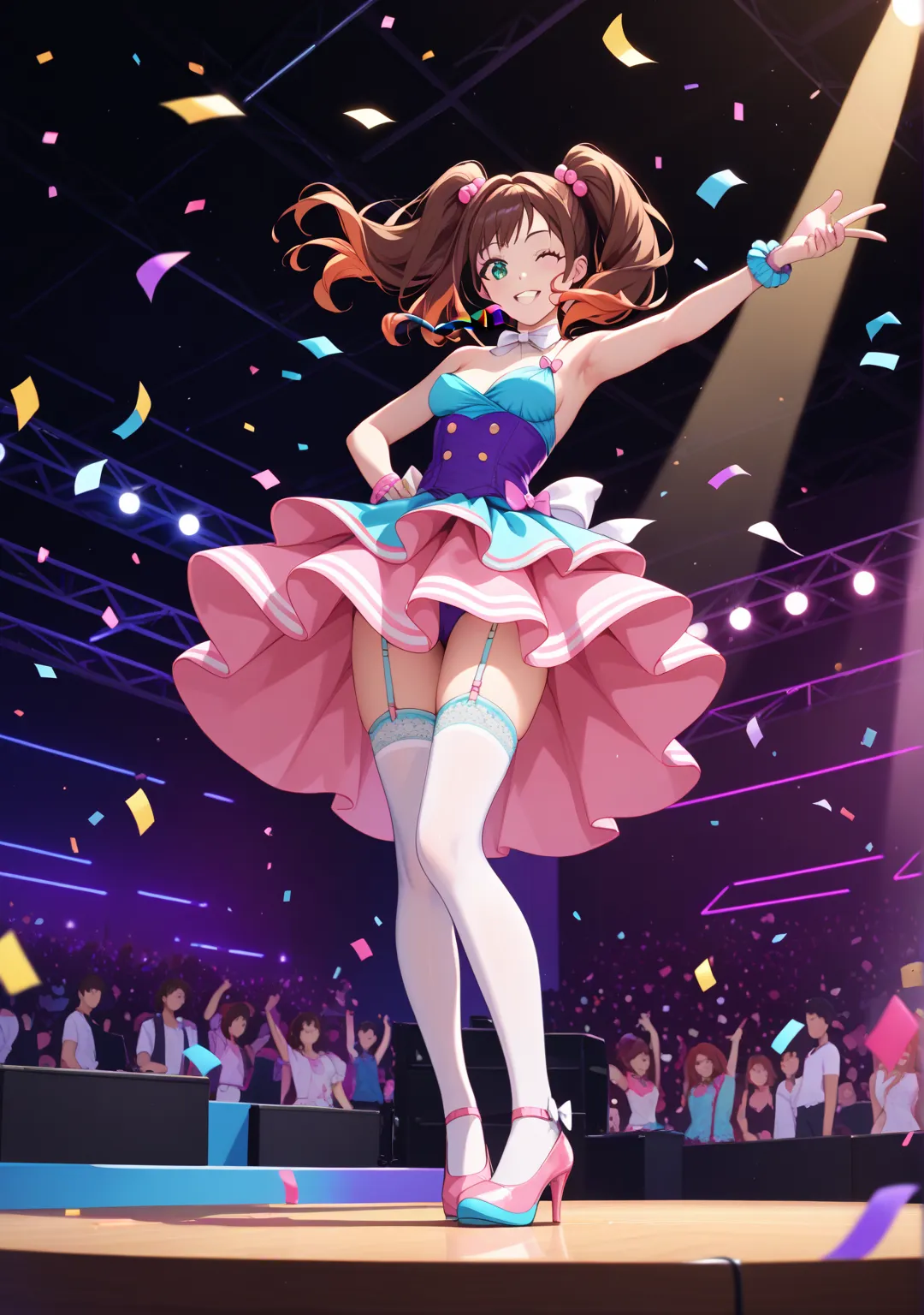 nsfw,girl,glamorous,straight hair,brown hair,dark green eyes,One breast is coming out,One nipple is coming out,indoor,opposite, stage,standing,crowd,Suspender stockings,,long hair,smile,wink,one hand on hip,idol,pink idol costumes,Twin Tails,microphone,, c...