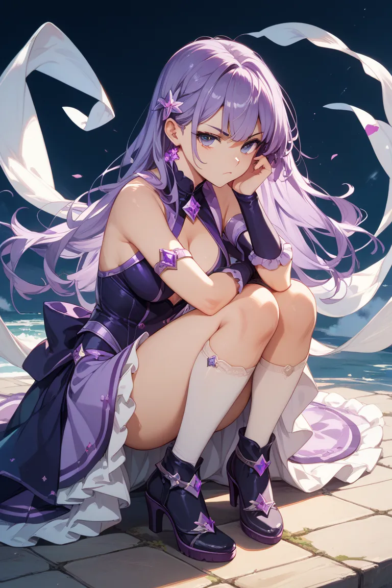 Girl with purple hair and purple eyes wearing a magical girl costume like amethyst、Purple Hair、purple eyes、hanging eye、girls、serious、full body