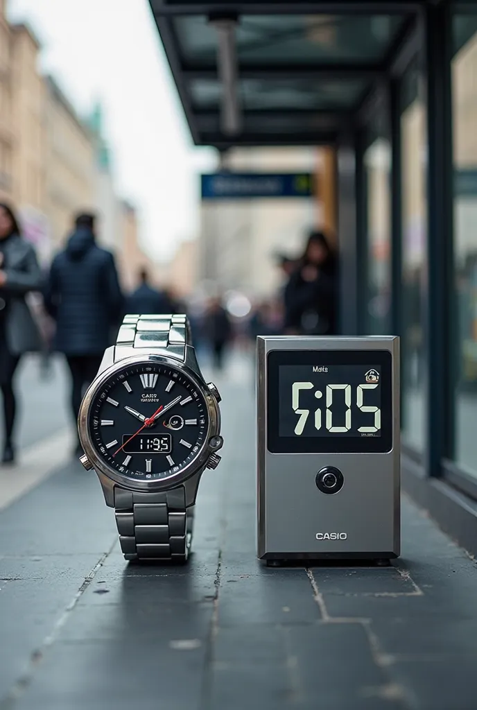 Advertisement at a bus stop showing a Casio watch and a clock next to it that says play to turn me off