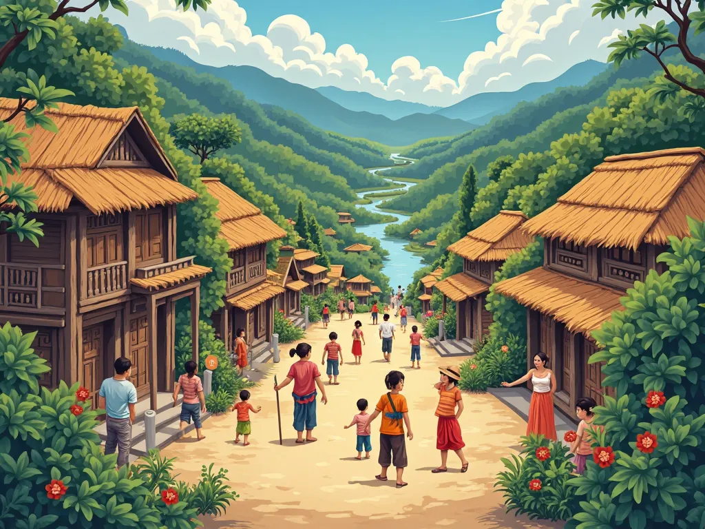 my heart: Illustration depicting a Muai village and its inhabitants