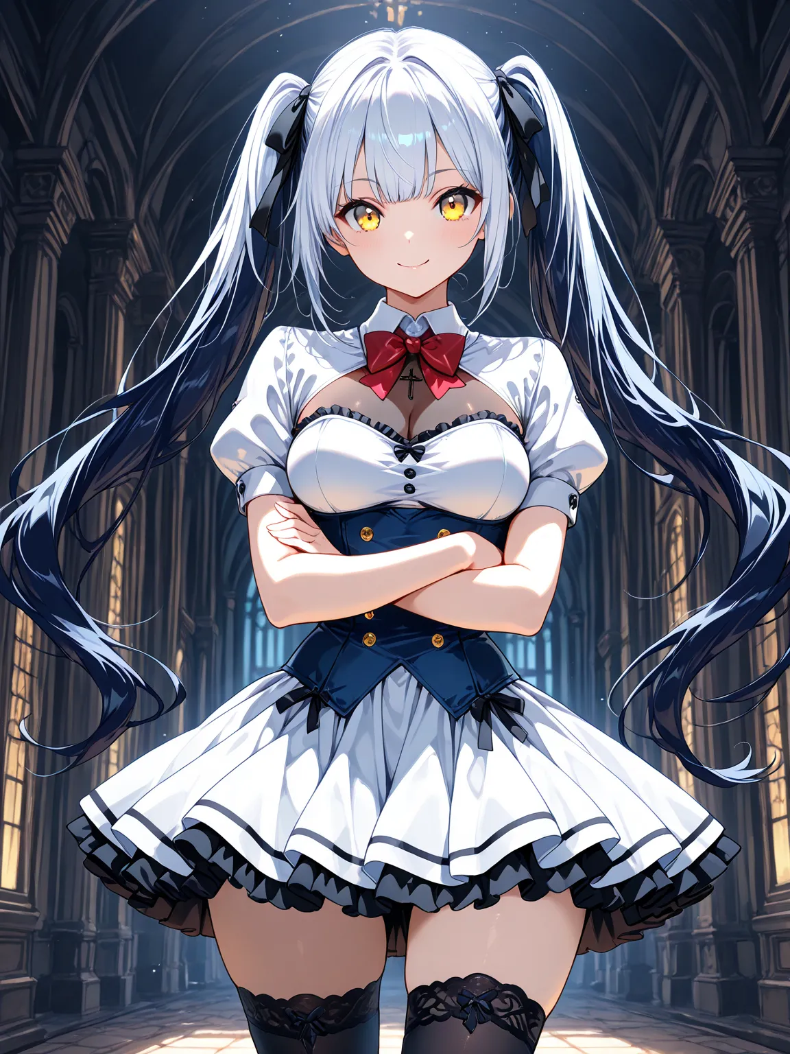 1girl, dark blue hair, long hair, twintails, yellow eyes, white hair ribbon, medium breasts, white shrug (clothing), puffy sleeves, short sleeves, wing collar, red bowtie, blue underbust, white strapless dress, frilled dress, black see-through cleavage, wh...