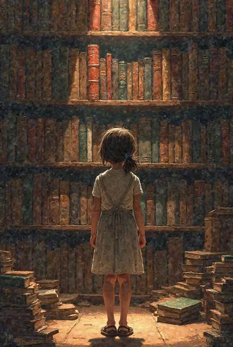 A girl stand in the front of a book shilf