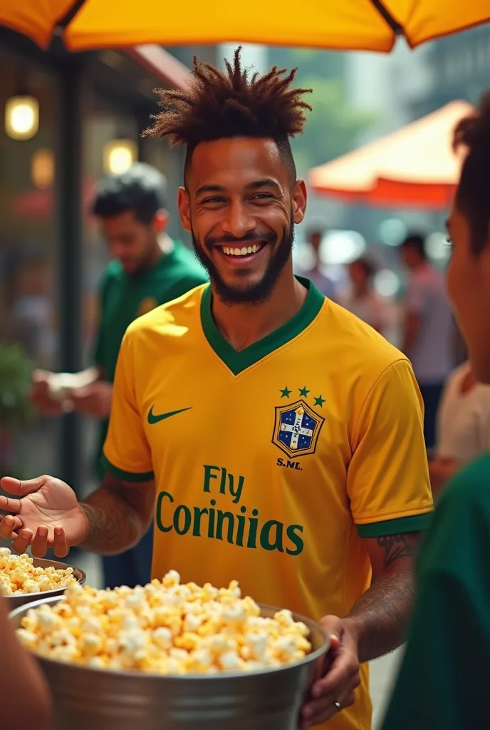 Neymar selling popcorn with the Corinthians jersey 
