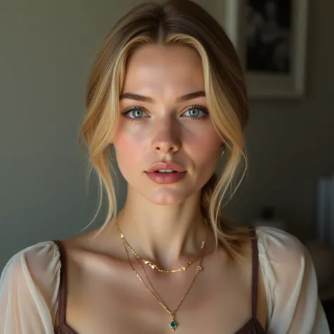 Make me a nice super realistic picture, A blonde lady, Upper body straight focus on neck, Does a fine chain without pendant, Is dressed, Not a sexy presentation